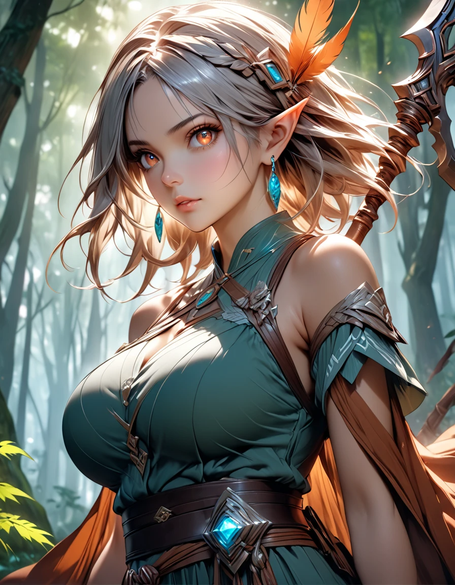 （8K，RAW photos，best qualtiy，tmasterpiece：1.2），ultra - detailed，offcial art，photo-realistic：1.37，upperbody shots，rainforests，Female elf，Large breasts，Leather clothes，bow and arrows，ornate decoration，Complex textures，Tattooed with，dynamicposes