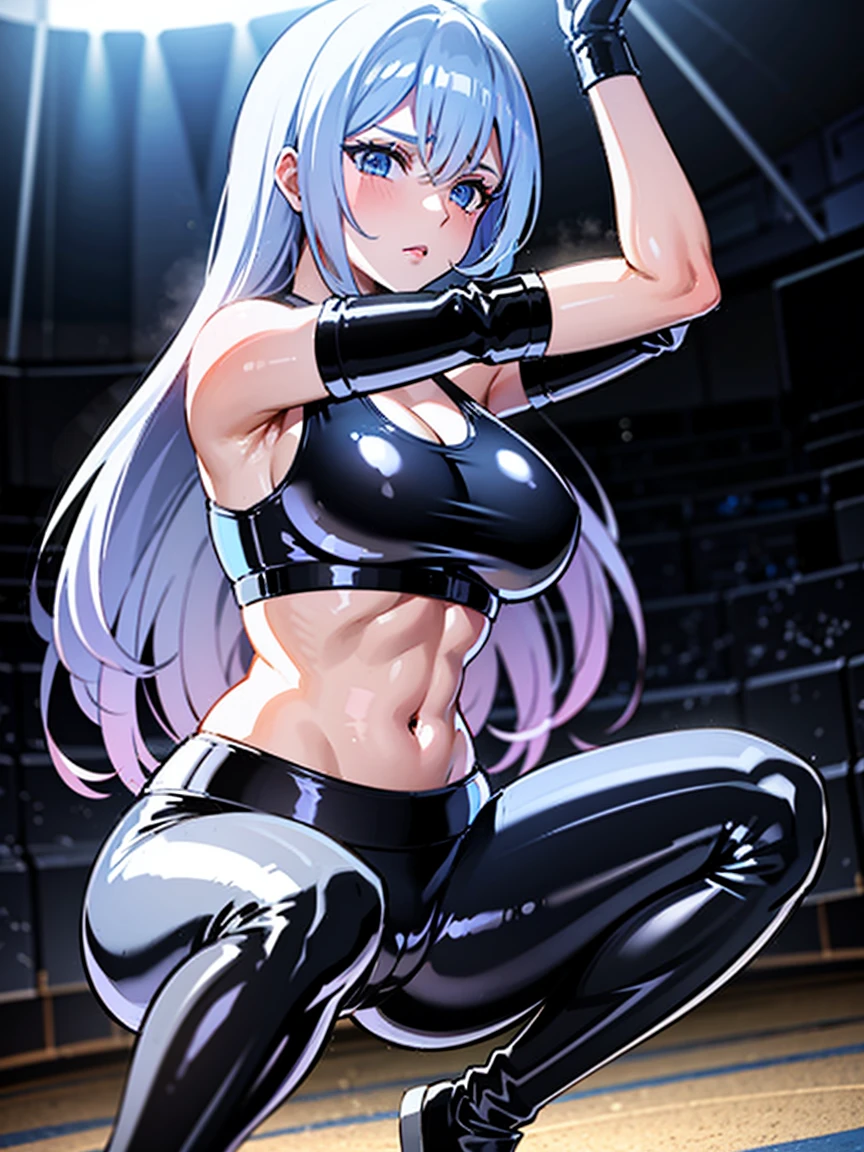 A female version of Sephiroth is a sexy boxing girl modeling as an angel practices her fighting skills alone in a boxing ring wearing tight boxing gear and boxing gloves