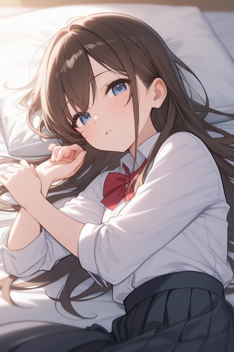 {{{beautiful}}}, amazing, (best quality:1.5), (masterpiece:1.5), extremely delicate and beautiful, intricate details, finely detailed, extremely detailed, beautifully detailed, ultra-detailed, (hyperdetailed:1.5), high resolution, (illustration), watercolor pencil, Clear line drawing, (ufotable style:1.1), (ufotable screen cap:1.1), anime coloring, anime screencap, (latest picture), backlighting, dynamic angle, glow, depth of field, {{{body satisfaction}}}, (body with a good balance of style:1.5), (slender figure:1.5), perfect body, perfect hands, perfect feet, (two arms:1.2), (two legs:1.2), (five fingers each:1.2), (perfect joint:1.2), perfect joint movement, beautiful detailed eyes, (detailed eyes:1.5), finely detailed eyes, perfect anatomy, full dissection, perfect composition, correct limbs, balance and coordination in all things, realistic:0.5, precise fingers and hands, (finely drawn hair:1.5), {{{cool girl}}}, (black hair:1.3), (semi-long hair:1.3), (straight hair:1.3), bangs, (cyan eyes:1.3), (medium breasts:1.3), (small-sized buttocks:1.3), {{{Bedroom}}}, (bed:1.3), indoors, {{{school uniform}}}, (white collared shirt:1.5), white shirt, breast tent, (checkered pleated skirt:1.5), checked skirt, pleated skirt, (unbutton one's first button:1.2), (without ribbon:1.2), {{{blush}}}, shy, (sweat:1.5), (teary eyes:1.7), (ecstasy:1.5), gasping face, (ecstasy face), (white liquid drips between her legs and down her thighs:1.5), }}}, (two people:1.5), (1girl:1.5), (1boy:1.5),, trembling with sexual climax, pleasure, clothed, implied, (missionary position:1.5), (lying:1.5), (lie on the bed:2.0), missionary, missionary pose, supine position, push down, on back, fpov, lying_bustup_shot, (missionary :1.3), lying,