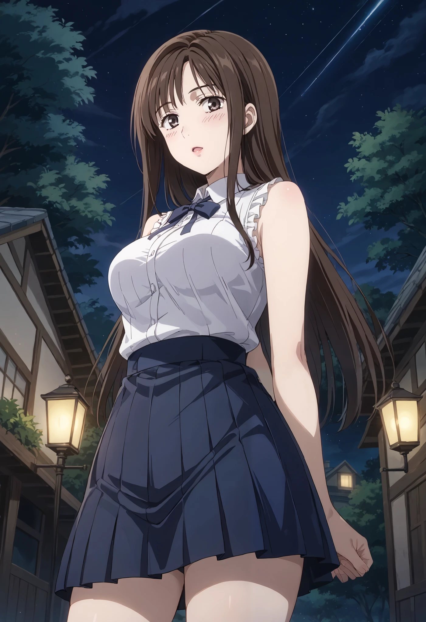 Mako Sato (Initial D　)、white sleeveless shirt、dark blue tight skirt、((Close-up))、(low angle)、(medium breasts)、The Valley of the Chest、I'm ashamed、cover、Outdoors、Ulchan-6500-v1.1, ( RAW photos :1.2), beautiful detailed, very detailed目 美しい目, beautiful eyes、Brown Eyes 、 file size is large, high resolution, very detailed, Top Quality, [masterpiece:1.6], Awareness-raising, very detailed, CG, finely, Top Quality, 8K wallpaper, perfect body shape、Dynamic、very detailed、((long hair))、black hair、thigh