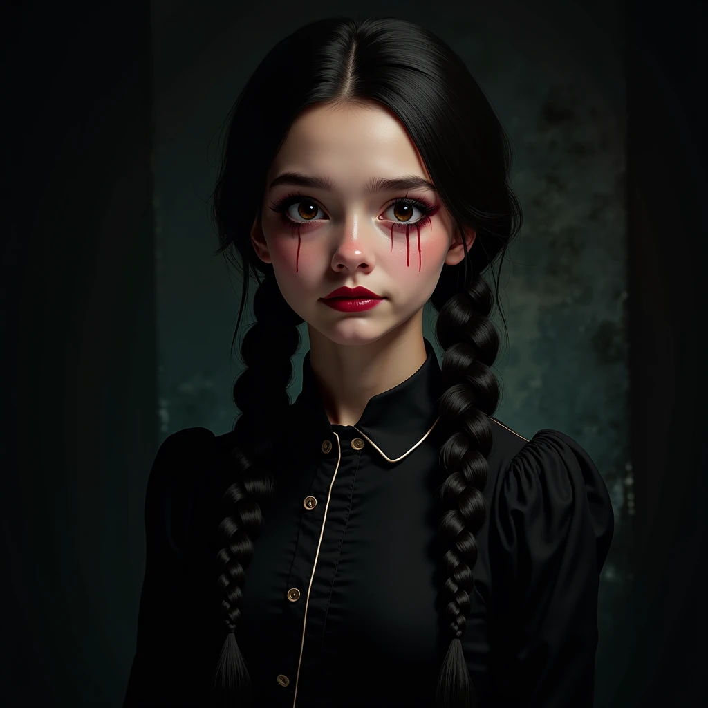 masterpeice, best quality, a photo of adult girl as wednesday addams, cute detailed oval face, long straight black hair, face covered in blood, the gap between the teeth, high detailed, vibrant, photo realistic, realistic, dramatic, dark, sharp focus, 8k, dark corridor in the castle