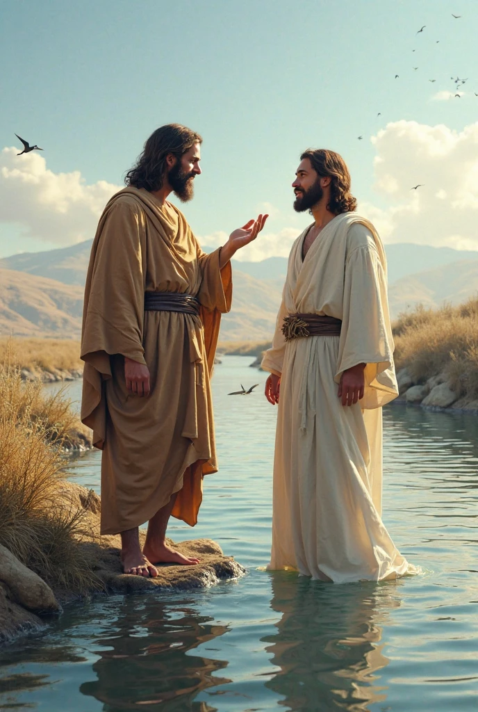 there is an old biblical elder wearing a beige robe baptizing Jesus Christ in a detailed epic image at the age of twenty-five in the Jordan River, Perfect face wearing a white tunic, Detailed biblical image. Detailed and epic image from the biblical film, Scenery of the Biblical River.