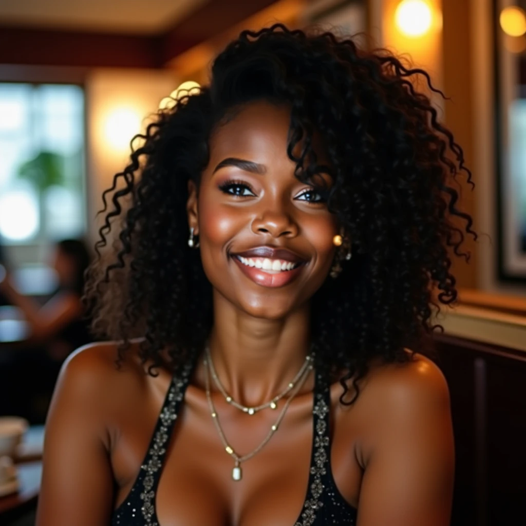 there is a black woman , the woman has curly black curly, she has dark skin, with dark brownish skin, with long curly, long black curly hair she is at a restaurant in Jamaica 🇯🇲