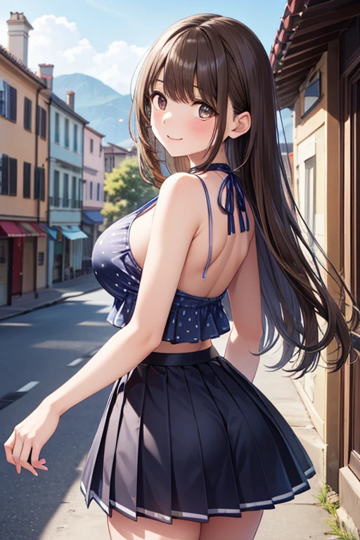 masterpiece, Highest quality, Very detailed, ,Fine details, Anime Style, One Girl, 22 years old, Cute face、bangs, Large Breasts、Big Ass、Tight waist、cowboy shot, Long Hair、Beautiful Eyes、Dark brown hair, Shiny Hair, Light brown eyes、cowboy shot, Look at the photographer、 とってもCute face, smile、Cute and sexy pose, arched back, Pleated skirt, lace tops, On the terrace of a stylish cafe in the city、Shallow depth of field