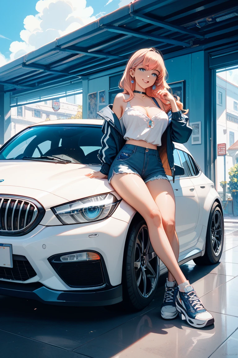 1girl,sit on a car,bmw sports car,pinkish background,medium breast,jacket,v neck,maintain figure,blonde hair,blue eyes,hot pants,thigh socks,bracelets,high quality,best quality,master piece,detail hair,detail face,good anatomy,seductive smile,long nails, slim body