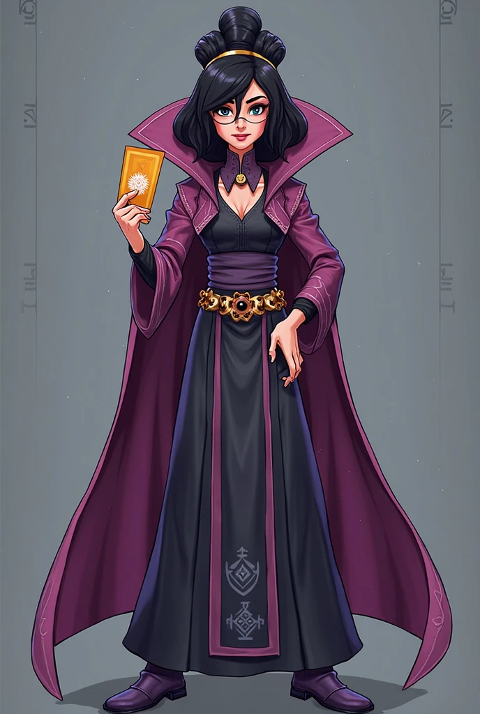 Make a full body character concept sheet.

of a girl, clear skin, Black hair with silver streaks on the sides and hip-length tied in a ponytail with a loose side fringe.

Purple round glasses with gold details.

Dark clothes and a purple cape. 

Martial arts and magic accessories in your hands.

With a serious, almost angry expression.