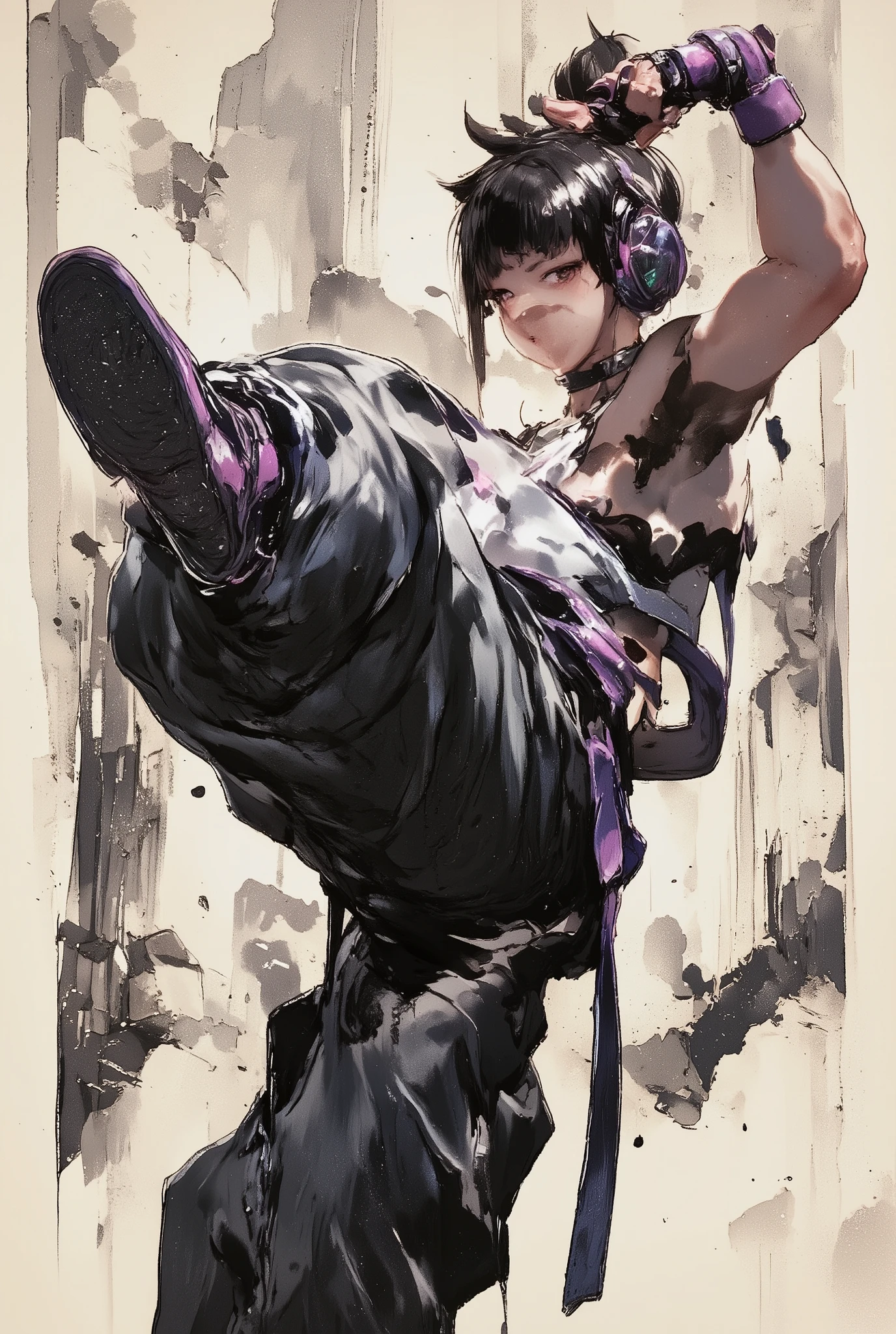 Ink painting、Old Paper Texture、 Damaged Paper 、(( girl showing off an upper-turn kick in a street fight、pose with super movement、Composition with Movement、shining eyes、Kick with speed:1.4)), ArsMJStyle, Zen Ink Wash Sumi-e、rough stroke anime、Top Quality、D4rkCyb3rDyn34n1m3 style、