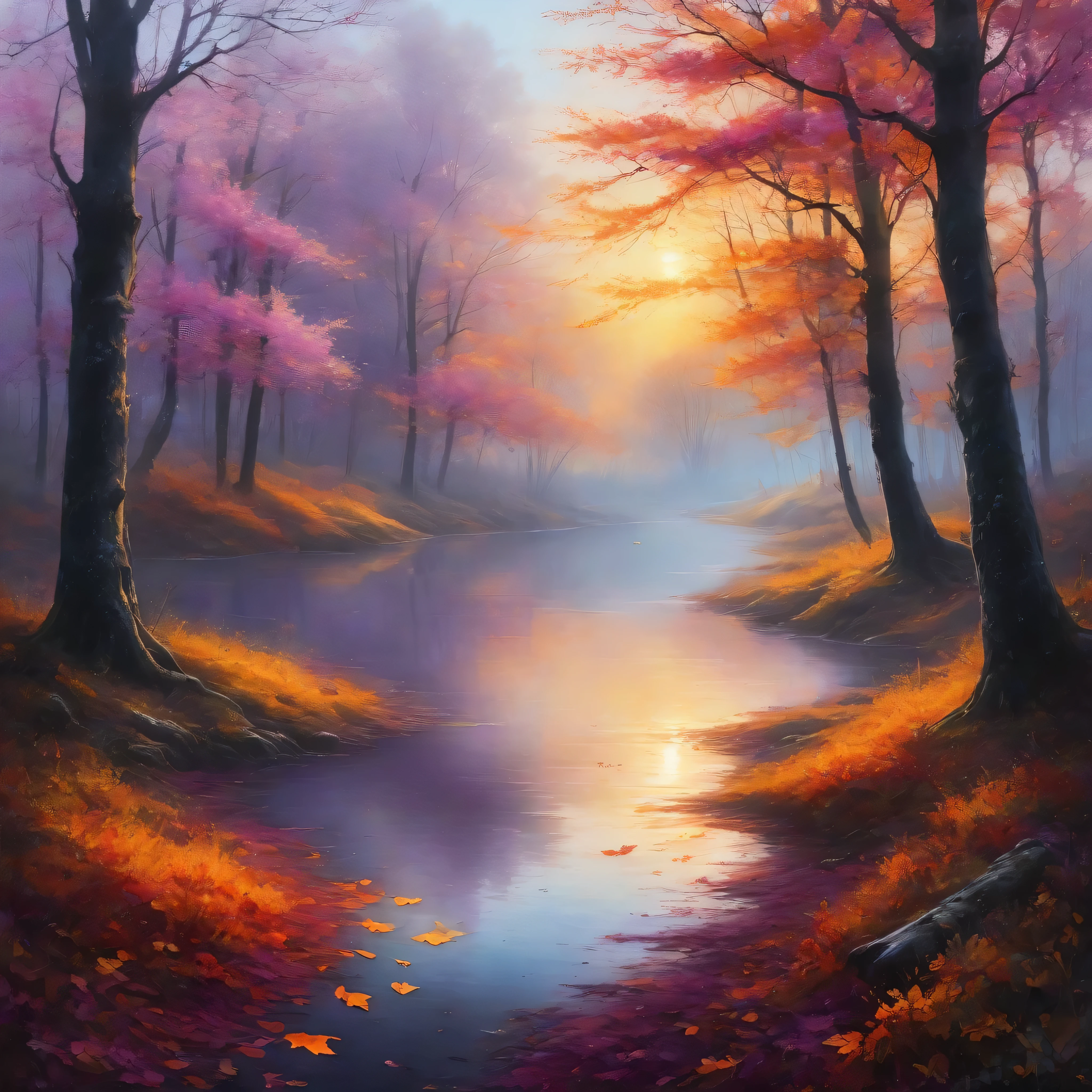 high quality, masterpiece, ultra-detailed autumn landscape at sunset, golden hour light softly shining through trees with vibrant orange, red and golden leaves, a calm mist floating near the ground and between the trees, dreamy and nostalgic atmosphere, fallen leaves scattered gently, soft breeze, sky blending warm pink, lilac, violet and orange tones, reflections in a quiet lake or open meadow, sunrays passing through branches, poetic and emotional mood, cinematic composition, painterly style