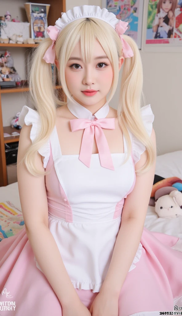 (Cartoon One Girl in Pink Maid Outfit 1.6), Little Curvaceous Loli, Shikamimi, Danganronpa, Anime Stylization, Anime Girl in Maid Costume, Stylized Anime, Blonde, Portrait, Cute Pose, Smiling