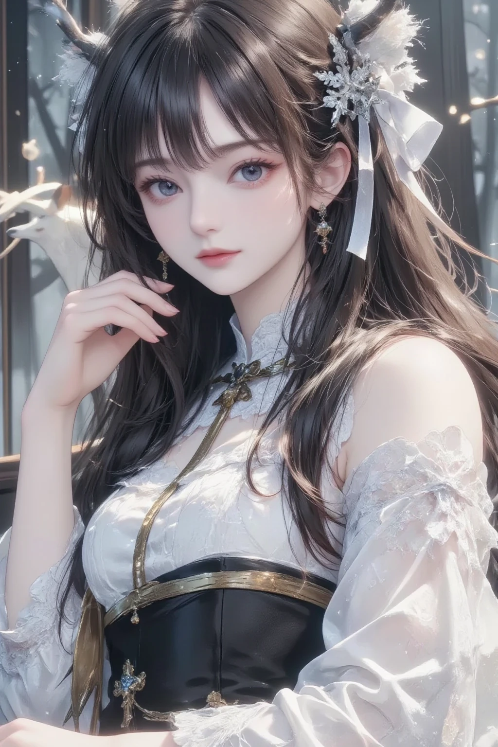 Youghal, side lock, hair ornaments, hair band, red eyes, light smile, big , Revimpling fabric, earrings, Hand gloves, detailed face,smoking,brunette hair,detailed and beautiful eyes,beautiful detailed lips,Rolling her eyes,manner,nice,garden background,artistic rendering,Super detailed,(highest quality,4k,8K,High resolution,masterpiece:1.2),Bright colors,studio lighting
