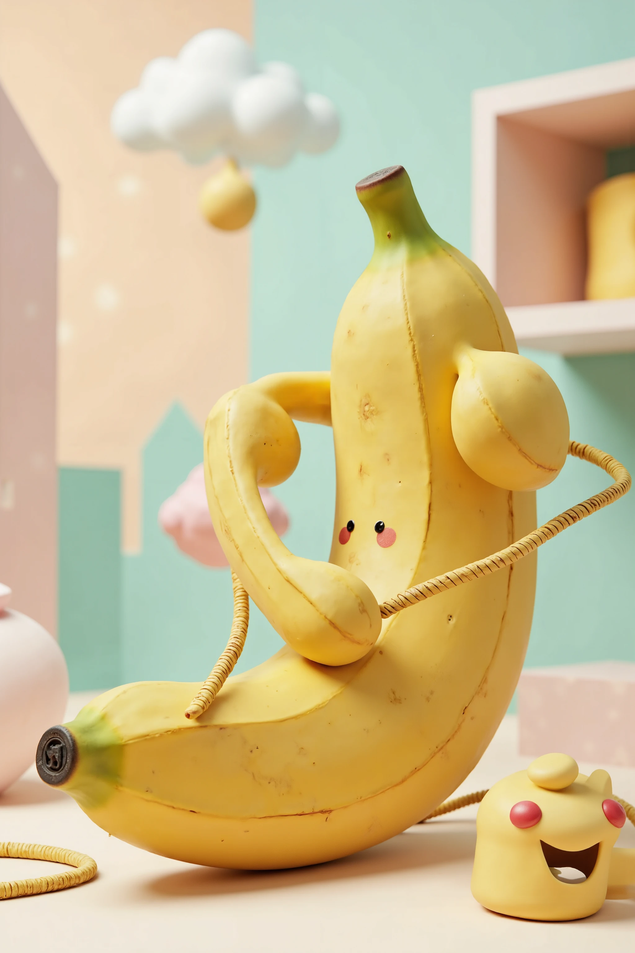 "Create a satirical banana phone that blatantly fuses the shape of a banana with the unmistakable features of a modern smartphone. The banana should retain its bright yellow peel, but with a large, rectangular touchscreen awkwardly slapped onto the middle of the curve, looking almost too obvious. The camera should be humorously oversized, protruding from where the stem would be, making it clear that this is a phone trying too hard to be a banana. The bottom of the banana should feature a large, visible charging port and speaker holes, contrasting with the natural fruit shape. The overall design should be a comical exaggeration, making it obvious that it’s both a banana and a phone, poking fun at the idea of combining the two."