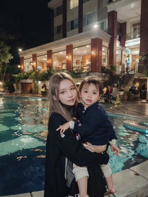 There was a woman and a child sitting in the pool, playing at swiming pool, with a child, Sitting in the pool, ???, in a swimming pool, In water! up to shoulders, Mom, taken with a Sony A7R camera, toddlers, ruan jia and brom, 2 years old, In water, jinyiwei, Swimming, kiddy big breasts