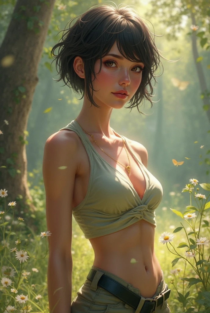 ((Masterpiece)), ((Best Quality)), ((highres)), ((UHD)), ((absurdres)), (1 girl), ((super detail)), ((high details)), ((dramatic lighting)), blushing, smile, green eyes, bob cut, bangs, black hair, short hair, choker, crop top, (black tank top), (black pleated mini skirt), gorgeous girl, huge breasts, cleavage, gorgeous body, glossy skin, vivid colors, full body shot, ((sharp focus)), outdoors, standing up, green grass field, feminine, shy, ((anatomically correct)), ((award winning)), ((arms behind back)), navel, seductive, alluring, sexy, perfect face, perfect female figure