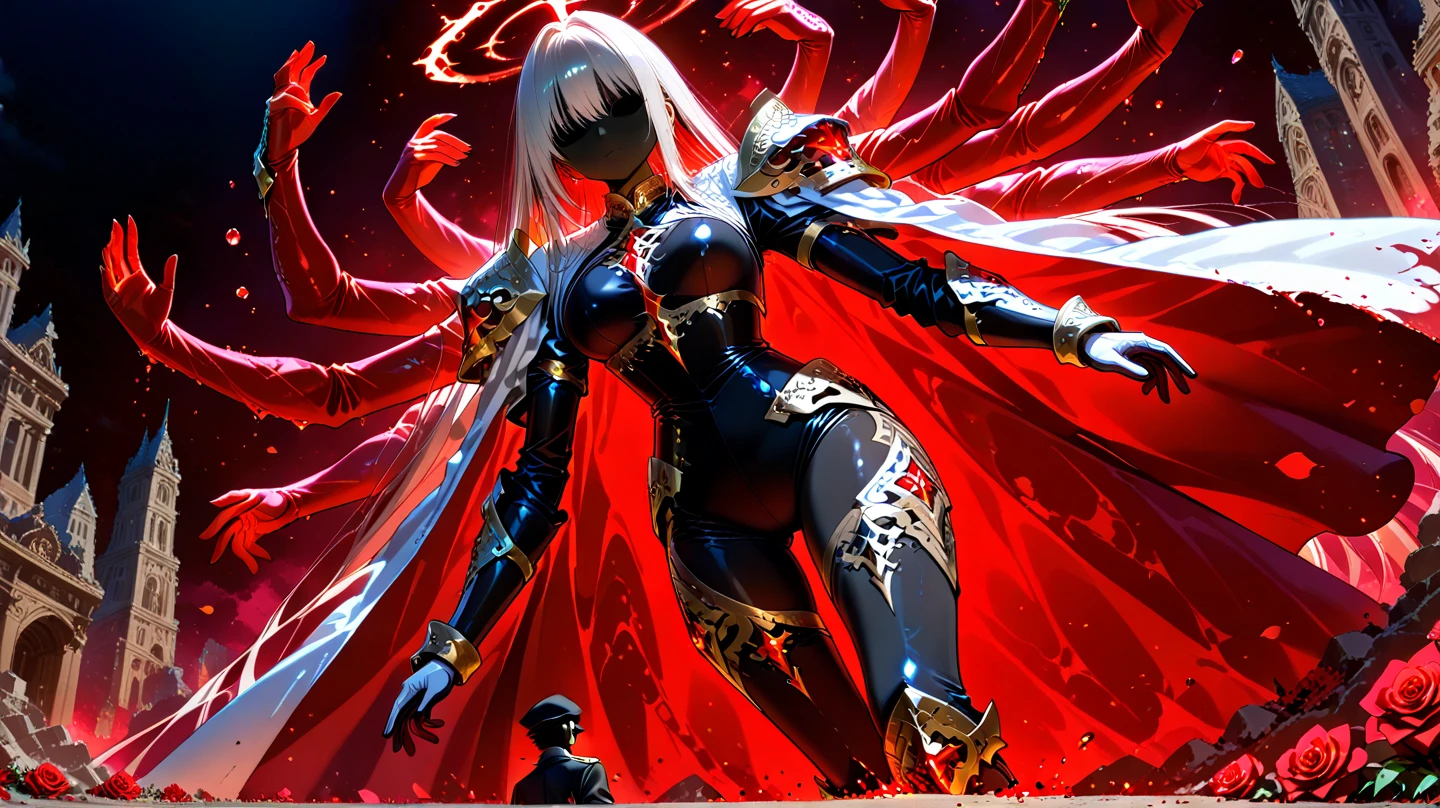 solo, masterpiece, hires,high resolution, best quality, (cowboy shot) of bratz, <lora:bratz3-01:0.5>, large breasts, beautiful, silver techno bodysuit, long white hair, (Ghost mask, Girl, skull mask), <lora:GhostMask-Style:1>, liquid metal girl, slime girl, melting, liquid metal long hair, <lora:metal2:0.8>, (hollowfication, silver liquid mask:1.3), glowing eyes, <lora:hollowfication:0.8>, (silver latex catsuit, silver tentacles, svsc, scbs, silver carnage:1.2), (silver catsuit), (silver slime:1.5), <lora:SV_SC:0.6>, looking at viewer, (hailoknight, Solo, 1girl, holding glowing katana infront of her, holding sword:1.4), <lora:hailoknightV2E12:1>, looking at viewer, photoshoot, on a city building rooftop, nighttime, neon city background
