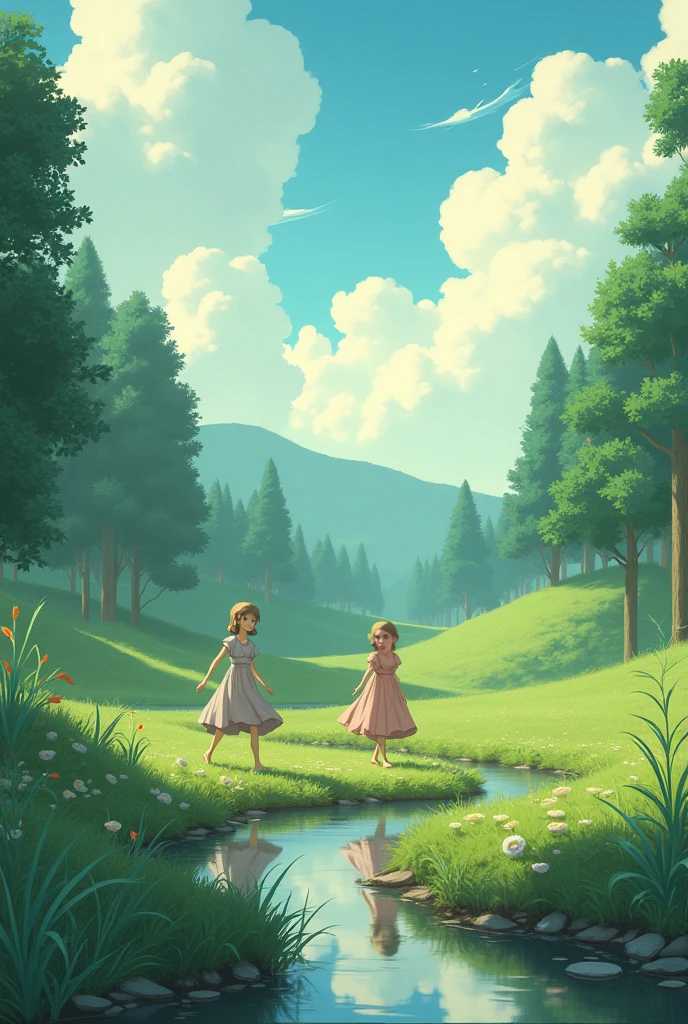 primeval forest, sunset, evening, woods, vines, children exploring wild in fuchsia clothes, HD face, children's eyes HD, outdoor style, camping style, tent, outdoor exploration, trees, streams, forests, yellow wildflowers, pink wildflowers (illustration: 1.0), epic composition, realistic lighting, HD details, masterpiece, best quality,