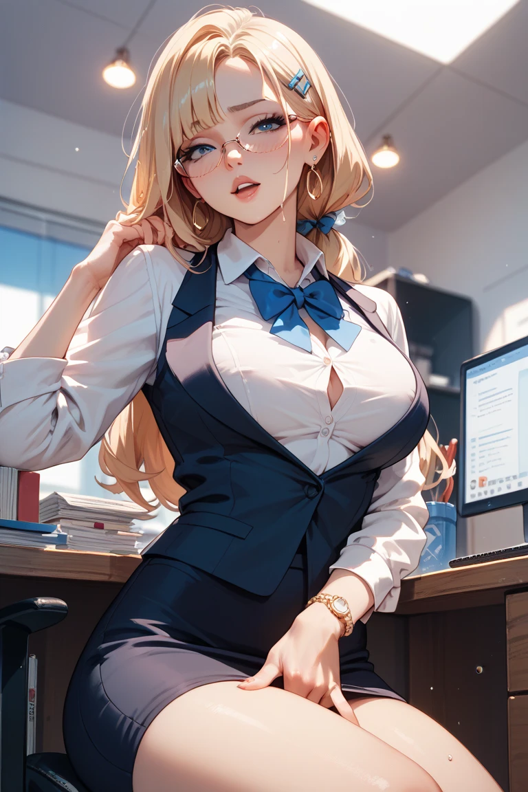 NSFW:1.5,masterpiece, 最high quality, high quality, High resolution, high quality texture, high quality shadows, High resolution, Beautiful details, Detailed CG, Detailed Texture, Realistic representation of face, Realistic, colorful, delicate, Cinematic Light, Side light, Lens flare, Ray Tracing, sharp concentrated, (1 Girl,concentrated:1.3), ( Intricate details, compensate, PureErosFaceV1:0.5), (細部まで美しいdelicateな顔, 緻密で美しいdelicateな瞳, Perfect Facial Proportions, Dense skin, Optimal ratio of four fingers to one thumb, Arms under chest, medium breasts, Wide Hips, Smooth upper abdomen, Tilt,middle hair ,wavy hair , Without hands, 30 years old,Blue Eyes,Glasses, Study,Office Lady, Navy uniform,Glasses,White shirt, Black tight skirt,Black Stockings,machine,adultery,house wife,curvy,supright straddle, bich, sweat,missionary,seductive gaze, the gaze of true love, lips of temptation, A look full of compassion ,a smile full of love, i love you, Acting lovey-dovey, air fortress hair, blonde hair