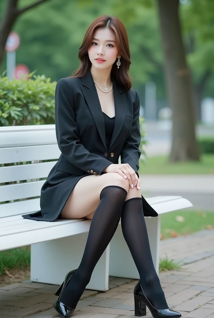 Best quality, full body portrait, delicate face, pretty face, 25 year old woman, slim figure, small bust, OL uniform, office clothes, black stockings, outdoor scene, sitting position, wearing glasses