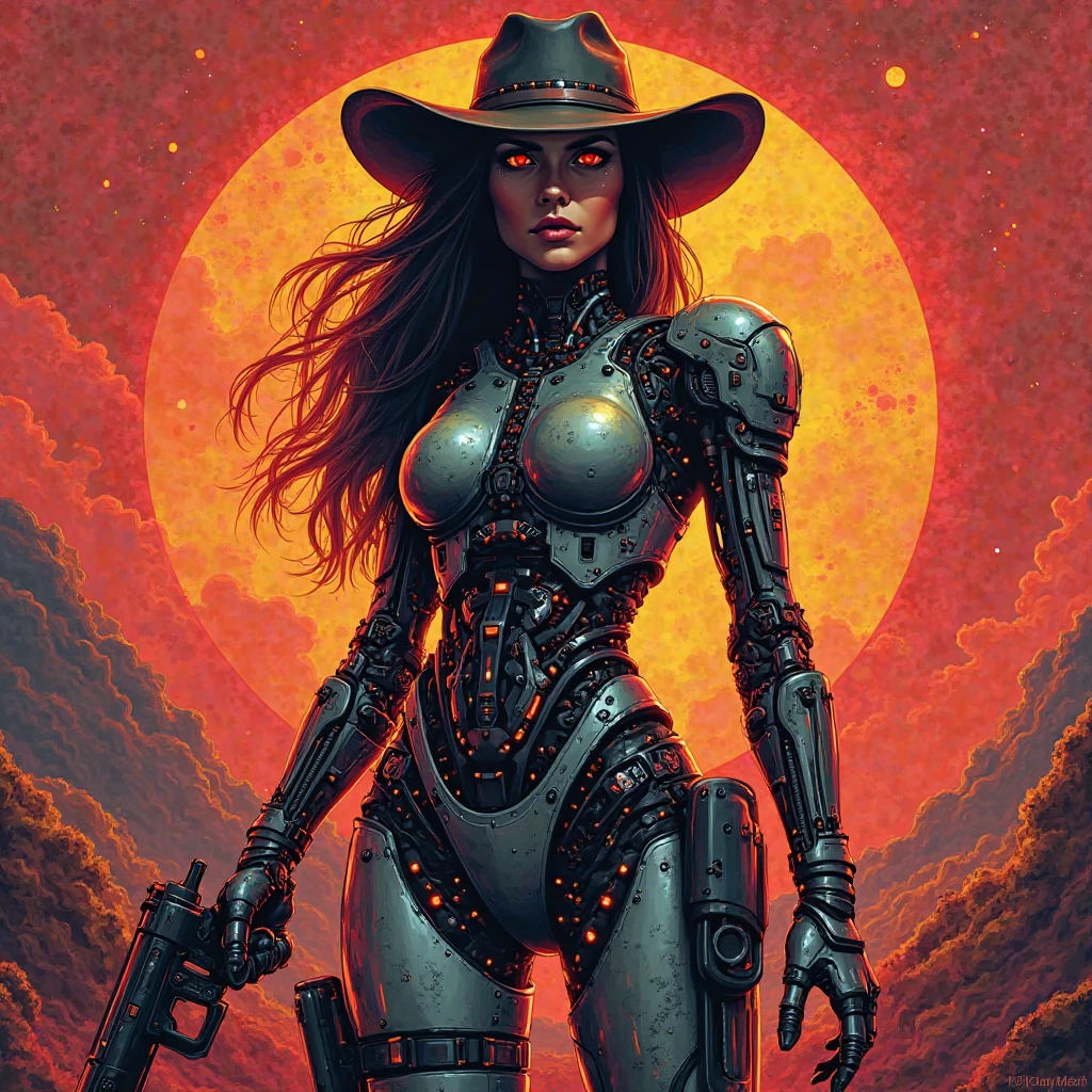 an attractive woman [gunslinger:bounty hunter:0.4] standing in a apocalyptic wilderness (junglefuturism style:1) <lora:djzJungleFuturism_LB2:0.8>