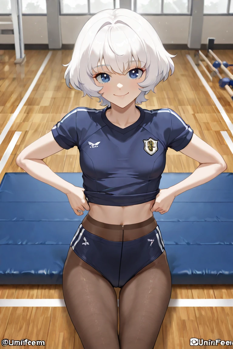 Boy wearing leotard、Anastasia as a boy、1 boy、solo、Silver Hair、Short Hair、Blue Eyes、frantic dancing ポーズ、(leotard)anime pose、Undecorated leotard、He is dancing. Realistic、((Blue leotard))、as though He is dancing、leotard top with an tank top、leotard bottom with an highleg、dynamic dancing ポーズ、((Brown pantyhose)) 、looking at viewer、Cowboy Shot、Male focus、Indoors、window、handsome atmosphere、masculine atmosphere、(male body:1.3)、leotard and panty hose only、crossdressing、