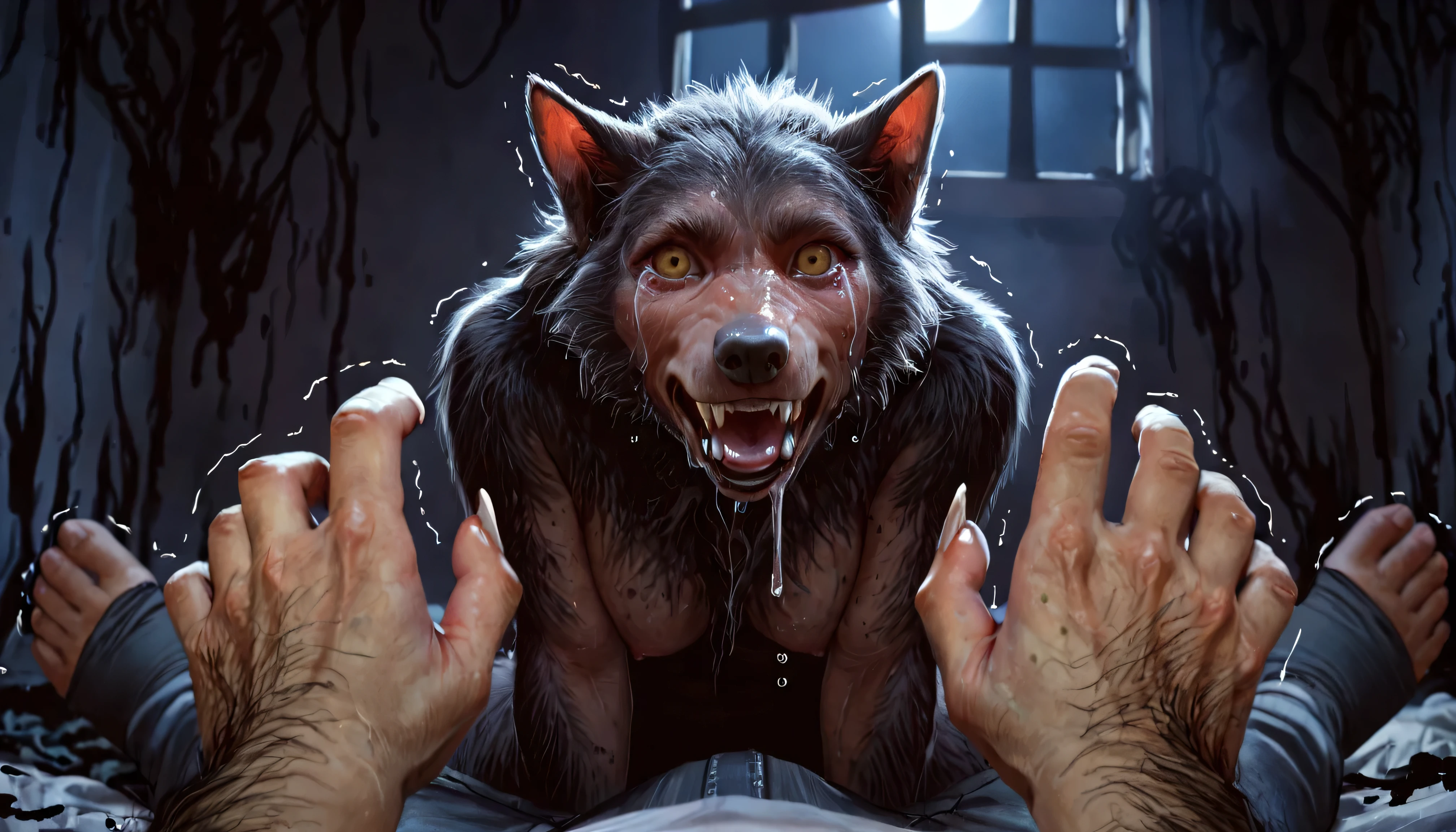Pov:1.3, sitting, view from view perspective, 1st view, 1person, female, Werewolf transformation, morfing, [werewolf: human:0.7], [arms: paws:0.7], [red human skin: fur: 0.5], [human face: snout:0.5], wolf nose, detailed fur, gradual fur, Skin, spread, shaking:1.1, crying, sweating, drooling:1.2, in pain:0.8, scared:0.8, shaking, confused:0.8, torn clothes:1.1, thick fingers through, torn socks, deep night, ((darkness, dramatic moonlight, night)), abandoned jail, scraps around, clothes scraps,((Ultra-detailed, Realistic, Photorealistic, photo-realistic:1.37), 4k, 8k, RAW, HDR, UHD, Canon EOS P3, Canon EOS R3, 85mm f/1.4, 15mm, 35mm, 80mm, f2.8, high resolution, hd, full colour, 4k, high definition, sharp focus, smooth, Professional, cinematic, extreme detail, (high detail:1.4) description, masterpiece, deep shades, best quality,))