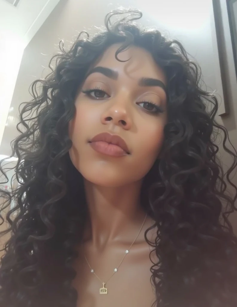 um close de uma mulher com seios muito grandes e seios muito grandes, black encaracolado hair, encaracolado black hair, encaracolado afro, long wild black encaracolado hair, short black encaracolado hair, encaracolado haired, (dark shorter encaracolado hair), seu rosto emoldurado com cachos, encaracolado, shoulder-length black hair, long black encaracolado hair