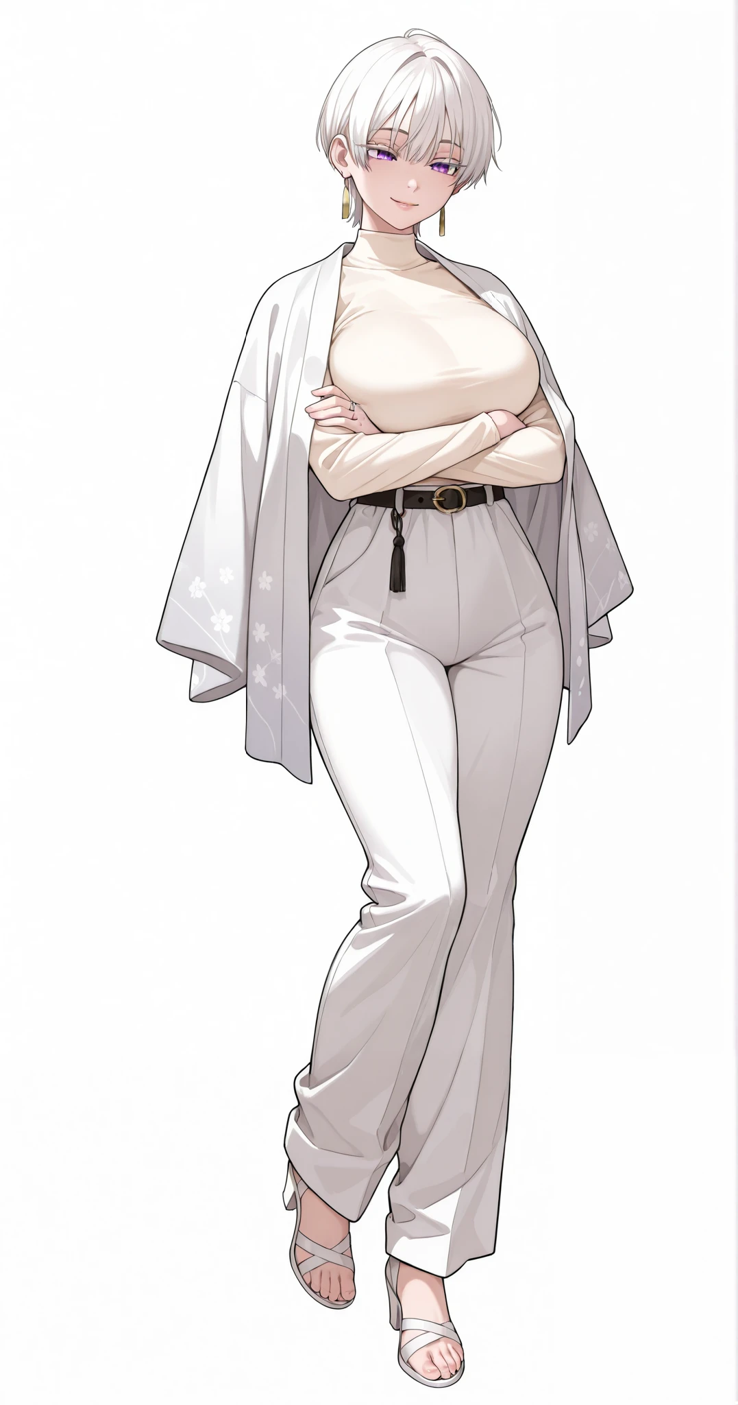 1 girl, tomboy, beautiful face, short hair, straight hair, white hair, purple eyes, reddish lips, cold eyes, slight smile, earrings, bright skin, white eyelashes, sexy body, fit body, hourglass figure, thick thighs, long legs, big breast, cream color turtle neck, form fitting long sleeve, white haori, haori on shoulders, white pants, flared ends pants, suit pants, belt, white short heels, toes out, detailed, standing, leg out, crossed arms, wedding ring, full body, plain white background
