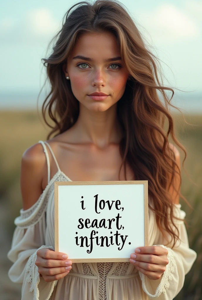Beautiful girl with wavy long hair,, holding a white board with text "I Love Seaart Infinity" and showing it to the viewer while she is naked