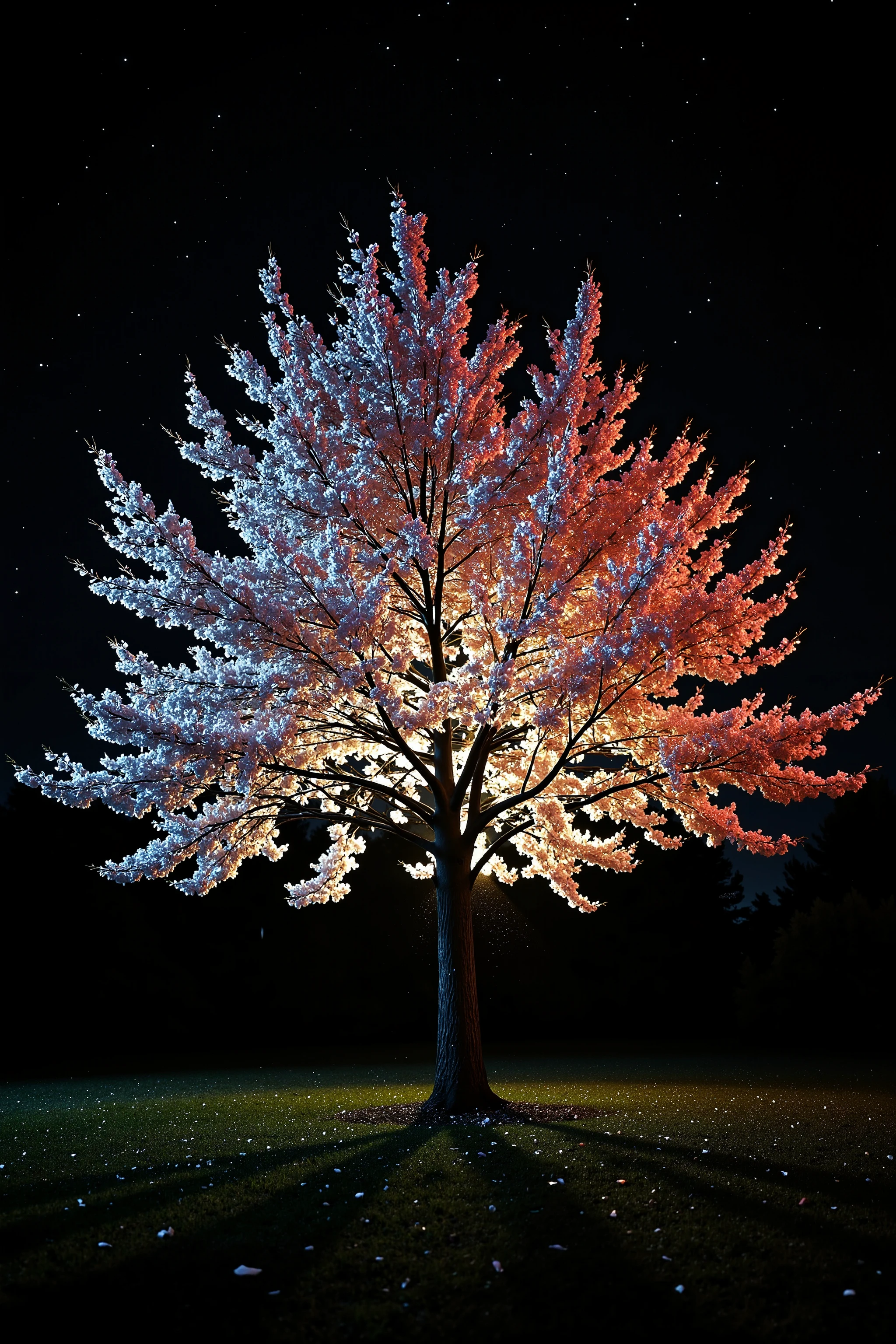 A single sakura tree in full bloom, depicted in minimalistic photorealistic style, glowing softly in the darkness. The blossoms emit an intensified bioluminescent glow, like moonlit silk—natural, radiant, and ethereal. Petals in soft shades of pale pink and white light up gently from within, creating a serene magical feeling without fantasy. The background is deep black with pure negative space, isolating the tree in visual silence. No distractions—just the glowing cherry tree, perfectly centered in frame. High-contrast composition with ultra-detailed petals and bark, dramatic lighting gradients, and stark minimalist photographic art aesthetic.