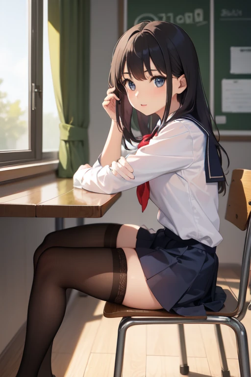 Solo,(masutepiece:1.2), Best Quality, hight resolution, pantyhose, (Two-tone hair:1.1),Hair bun, nose blush,deep skin, Miniskirt,SFW, ;P ,(Pantyhose Pull:1.3), School uniform, from behind,crass room, close-up,(beautiful thigh:1.5),(Fair thighs:1.3)