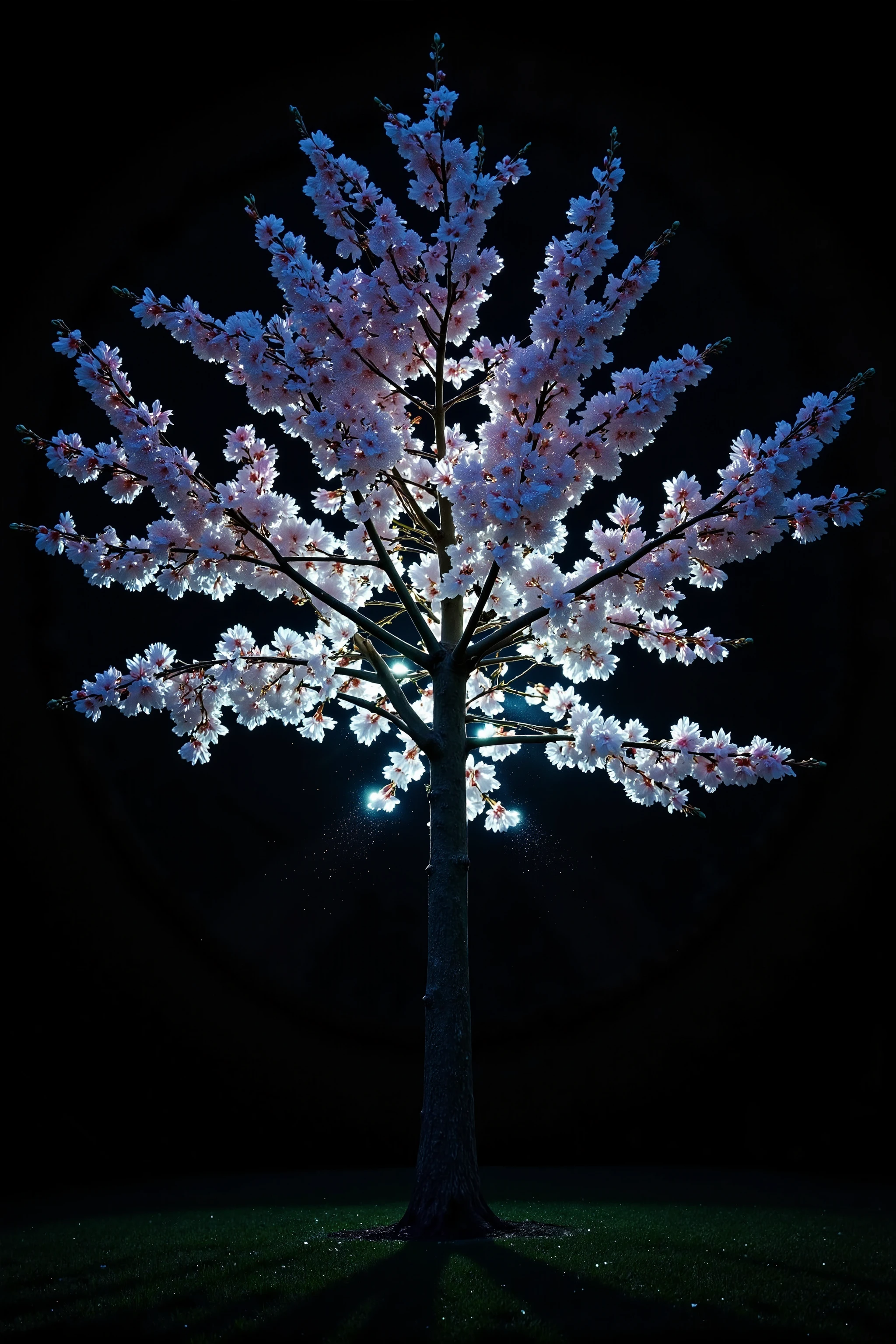 A single sakura tree in full bloom, depicted in minimalistic photorealistic style, glowing softly in the darkness. The blossoms emit an intensified bioluminescent glow, like moonlit silk—natural, radiant, and ethereal. Petals in soft shades of pale pink and white light up gently from within, creating a serene magical feeling without fantasy. The background is deep black with pure negative space, isolating the tree in visual silence. No distractions—just the glowing cherry tree, perfectly centered in frame. High-contrast composition with ultra-detailed petals and bark, dramatic lighting gradients, and stark minimalist photographic art aesthetic.

