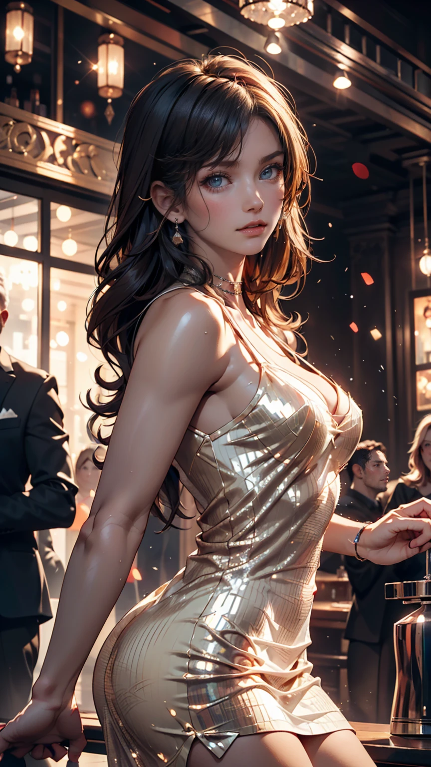 Indiasug nr_v1.0, (Sharp focus: 1.5), (Sharp focus:1.2), photograph, Attractive Young Woman, (Beautiful Face:1.1), Fine grain, Seductive lips, (Natural Makeup:0.85), (Medium chest:1.0), (Petite body:1.2), wear (Sequined Dress:1.2) in (Nightclub:1.2). (Moody lighting:1.2), Depth of written boundary, Bokeh, 4K, High resolution. by (James C. Christensen:1.2|Jeremy Lipking:1.1).24 year old Caucasian female、Updo hairstyle、Earrings、Narrow waist、mature female body、Sexy proportions、Seductive smile