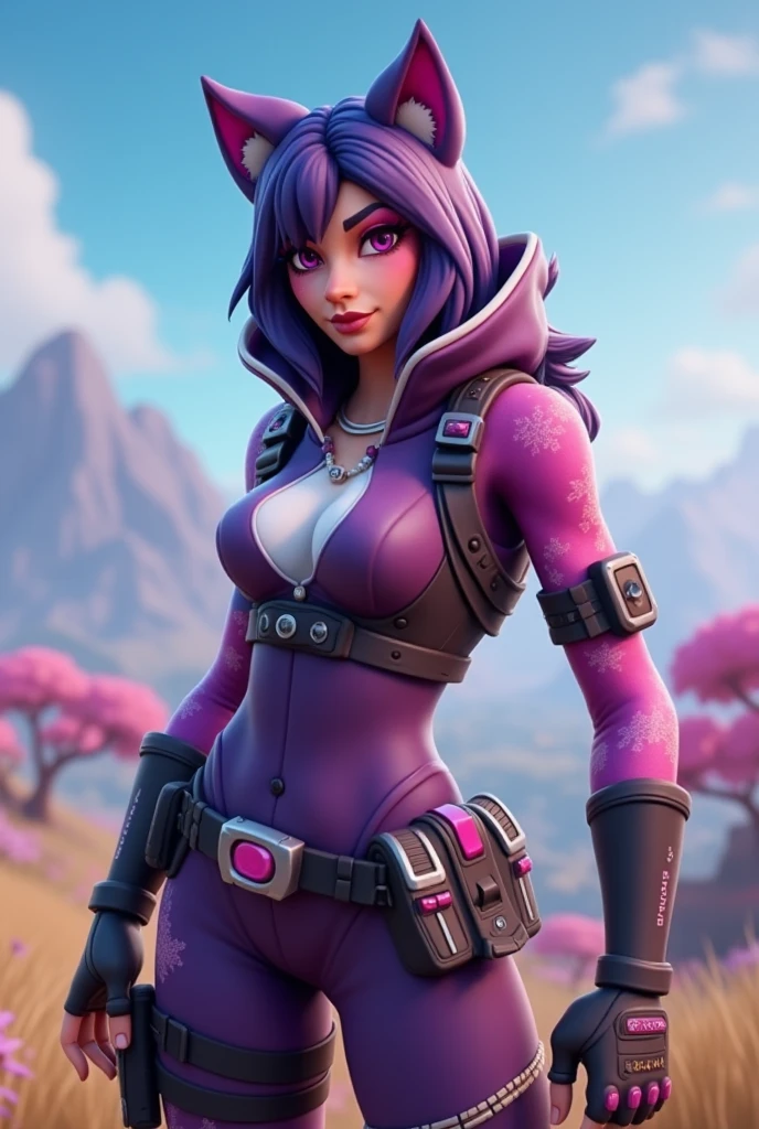 Fortnite skin with purple hair, purple skirt and black tights