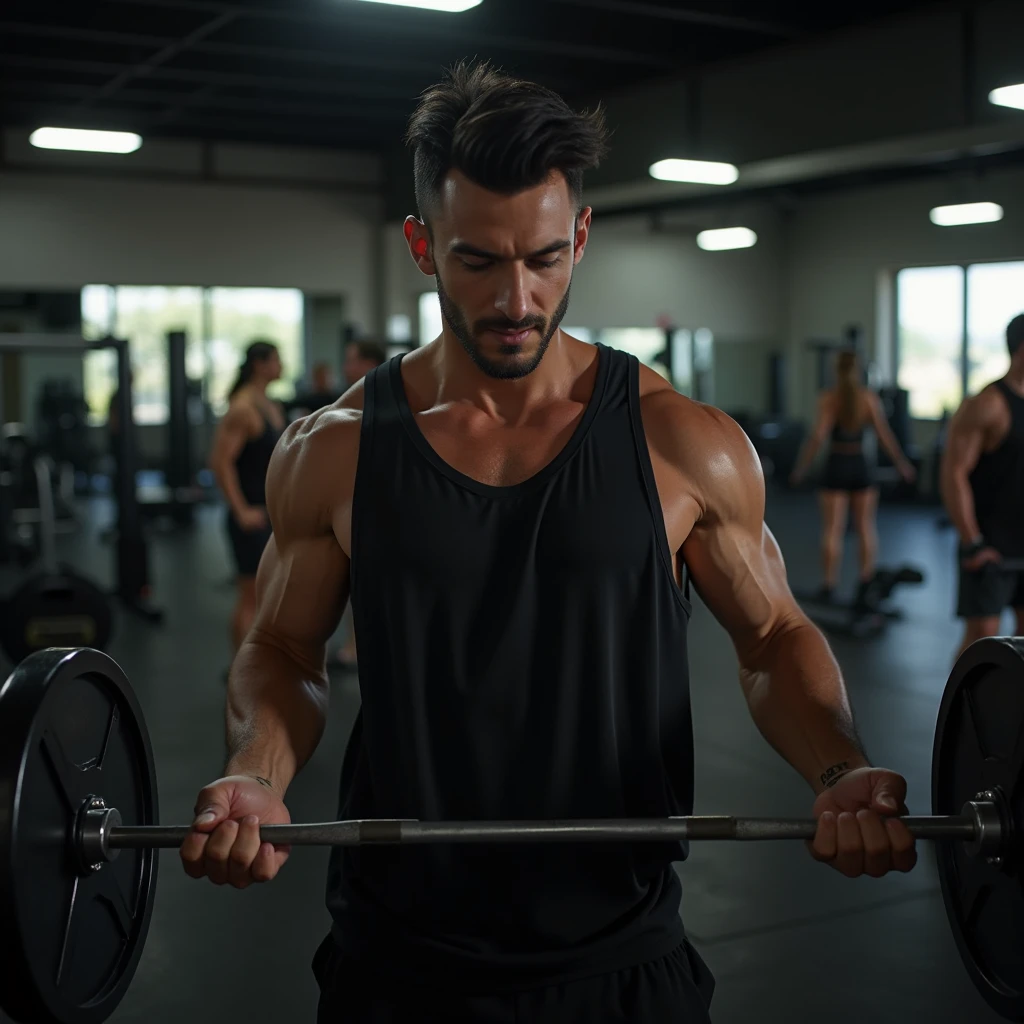 Weak young man in gym lifting weights