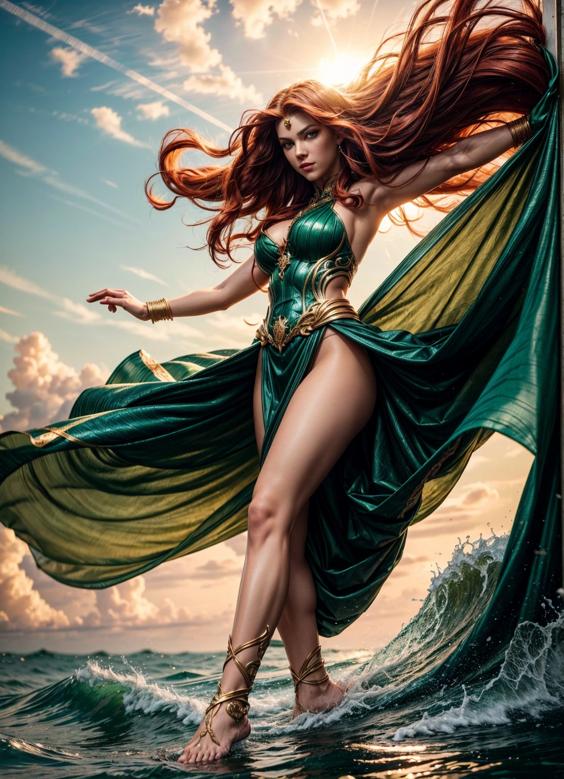 dramatic mythological scene standing out from the wavy stormy sea with waist up sexy beautiful perfect shape full body Greek goddess Persephone's red long wavy hair green eyes red lips big breast white gold embroidered translucent airy short tunic gold silver jewelry hair body clothes wet midnight, moonlight, smog, darknes