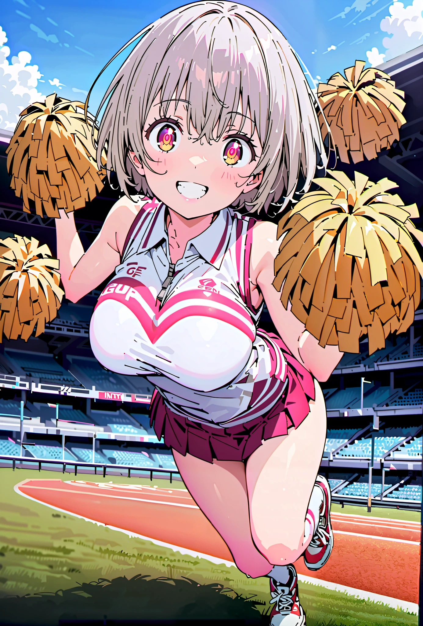 Red root heart ,solo, light purple hair, pink eyes, Glowing Skin,short hair,Big Breasts,smile,cover,opens her mouth,(Cheerleading), (full body), on chest, (sweated), sweated Wet Clothes, (white clothes),sleeveless, pleated skirt,White socks,sneakers with a ladyback letter, stomach button support , playground, (jump), (jump), 両足を曲げてjumpする,, blue sky, Compa,cheerleader, Pom-pom \(Cheerleading\) real hair ornaments,break outdoors,Stadium,
break looking at viewer,full body,
break (masterpiece:1.2), Top Quality, high resolution, Unity 8k 壁紙, (illustrations:0.8), (beautiful detailed eyes:1.6), very detailed face, so that it fits into the illustration, extremely detailed CG, full body写真,(perfect hand, perfect anatomy),