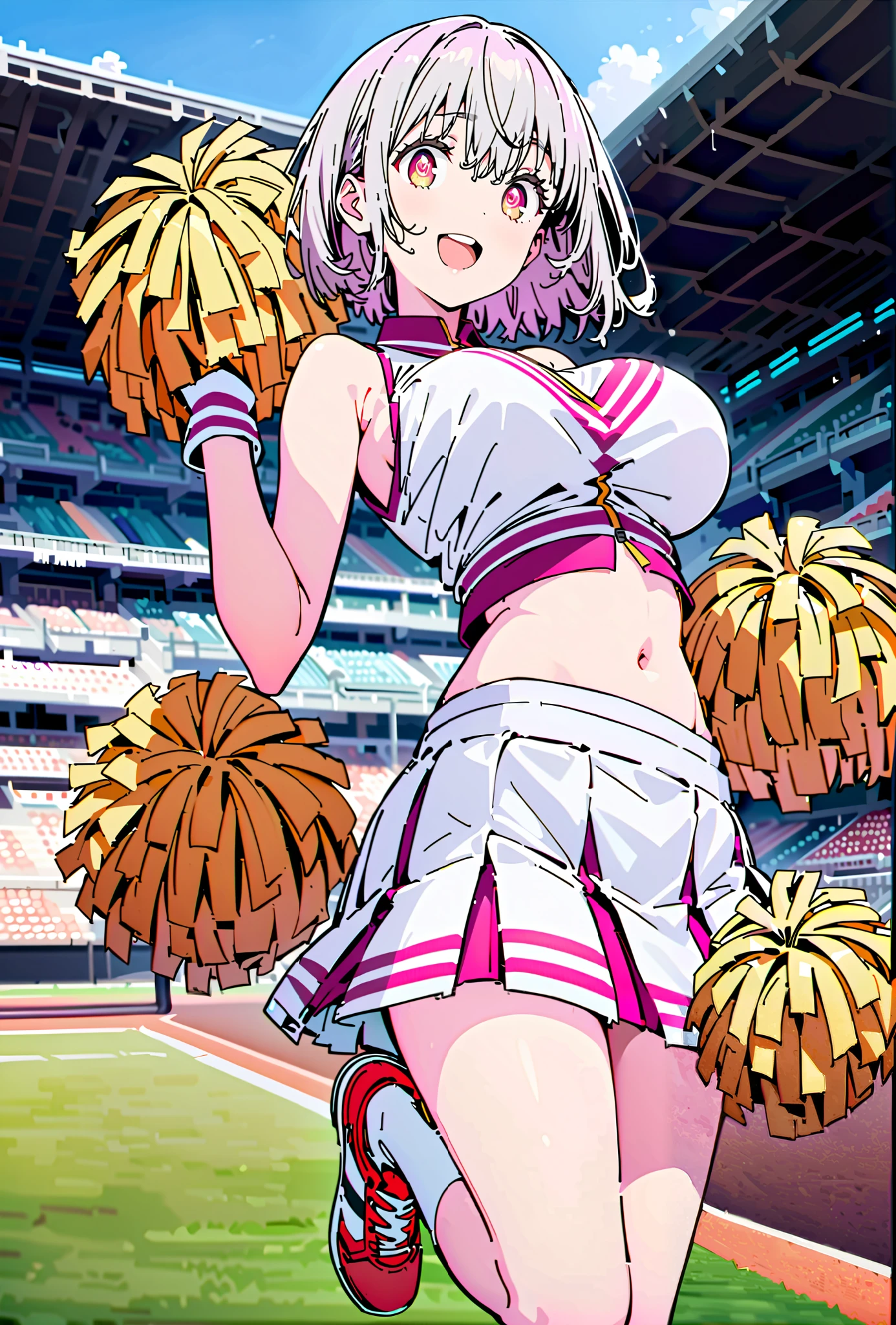 Red root heart ,solo, light purple hair, pink eyes, Glowing Skin,short hair,Big Breasts,smile,cover,opens her mouth,(Cheerleading), (full body), on chest, (sweated), sweated Wet Clothes, (white clothes),sleeveless, pleated skirt,White socks,sneakers with a ladyback letter, stomach button support , playground, (jump), (jump), 両足を曲げてjumpする,, blue sky, Compa,cheerleader, Pom-pom \(Cheerleading\) real hair ornaments,break outdoors,Stadium,
break looking at viewer,full body,
break (masterpiece:1.2), Top Quality, high resolution, Unity 8k 壁紙, (illustrations:0.8), (beautiful detailed eyes:1.6), very detailed face, so that it fits into the illustration, extremely detailed CG, full body写真,(perfect hand, perfect anatomy),
