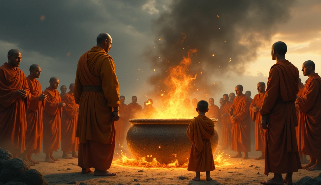 (graphic novel style, dark novel style, comic style, 2d:1.5), (hyperrealism, masterpiece:1.4), (colourful, soft cinematic light:1.1), incredibly lifelike, Extremely high-resolution details, 8k, blood dripping, many dead monks in kashaya (lies) with their eyes closed in a blood, blood everywhere, night, outside a Buddhist temple, fire, blood, bald, lying on their backs, the monks lie bleeding,