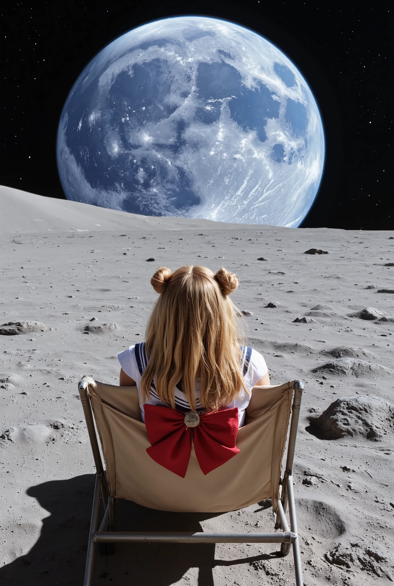 Create a hyper-realistic photograph of a beautiful 20-year-old girl with fair skin. She has very long straight blonde hair styled in two buns, resembling twin tails. She is wearing a Sailormoon costume and is lounging on a beach chair under the sun on the moon's surface. The background features the lunar landscape, with a stunning view of the Earth filling the screen from the perspective of outer space.