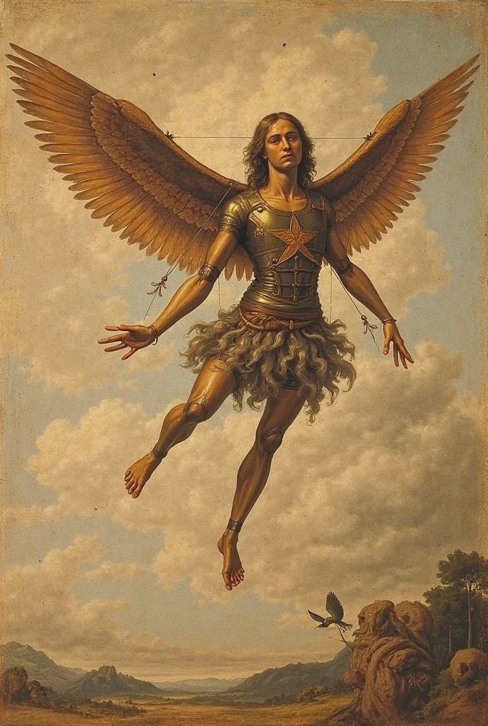 Renaissance style painting of beardless Archangel Michael with sword subduing dragon