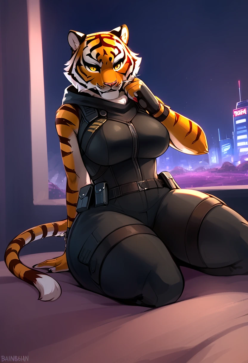 no lighting, deep shadow, dynamic angle, Solo, teen furry,female, furry, teen, tigress, grey body, long brown spiked_ponytail, Detailed body fur, long blue scarf, leather_harness, blue_loincloth, goggles, masterpiece, gray body, Detailed face, big eyebrows, blue eyes, detailed eyes, No muscles, Detailed hands, Flat body, Skinny, Detailed paws, metal cuffs on wrists, metal cuffs on ankles, black baggy pants, no shirt, night, no underwear, laying down