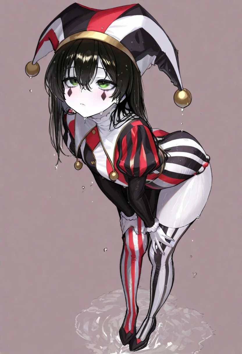 rating_explicit, score_9, score_8_up, score_7_up, uncensored, jet black skin, colored skin, narrowed eyes, naughty face, grin, pregnant, big belly, 1girl, smile, carropino, light purple hair, long hair, hairband, hat, small , white makeup, eyeshadow, yamanba, metallic tan, shiny skin, (skinny body:0.9), sweaty skin, shiny skin, flat chest, small breastsng, white nipple, white e