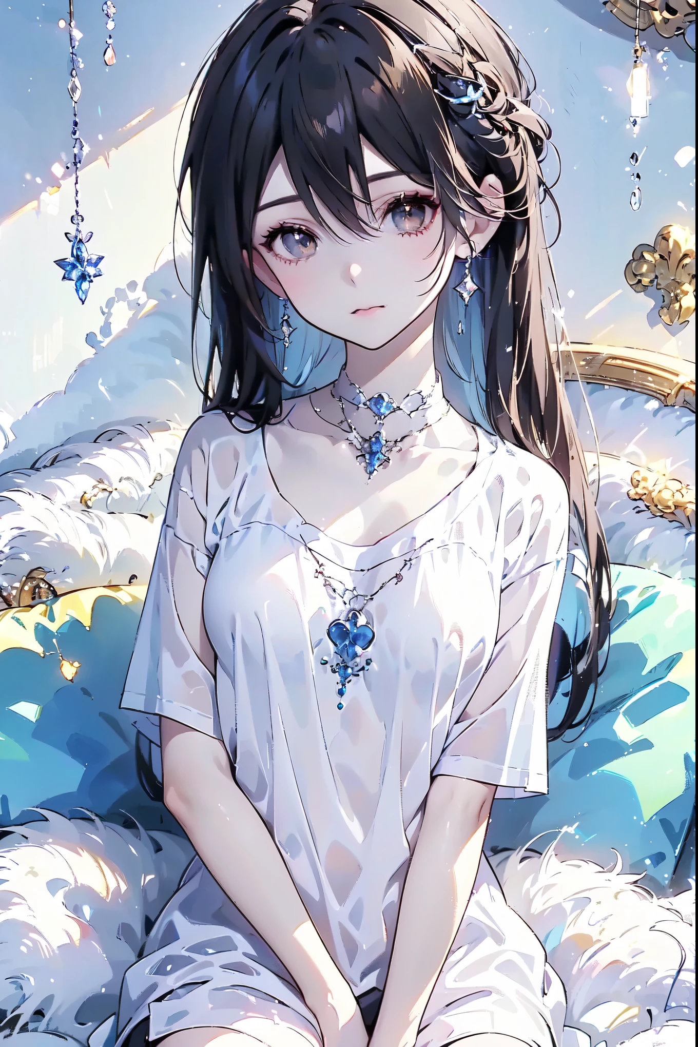 High Quality , high resolution,、 brown eyes 、big goals、 dark hair、( long hair:1.3), Straight Hair 、7 really small 、Umbilical cord、 White Short Sleeve Tee
Ong hair, Kirito , Big breasts (d), Chest,