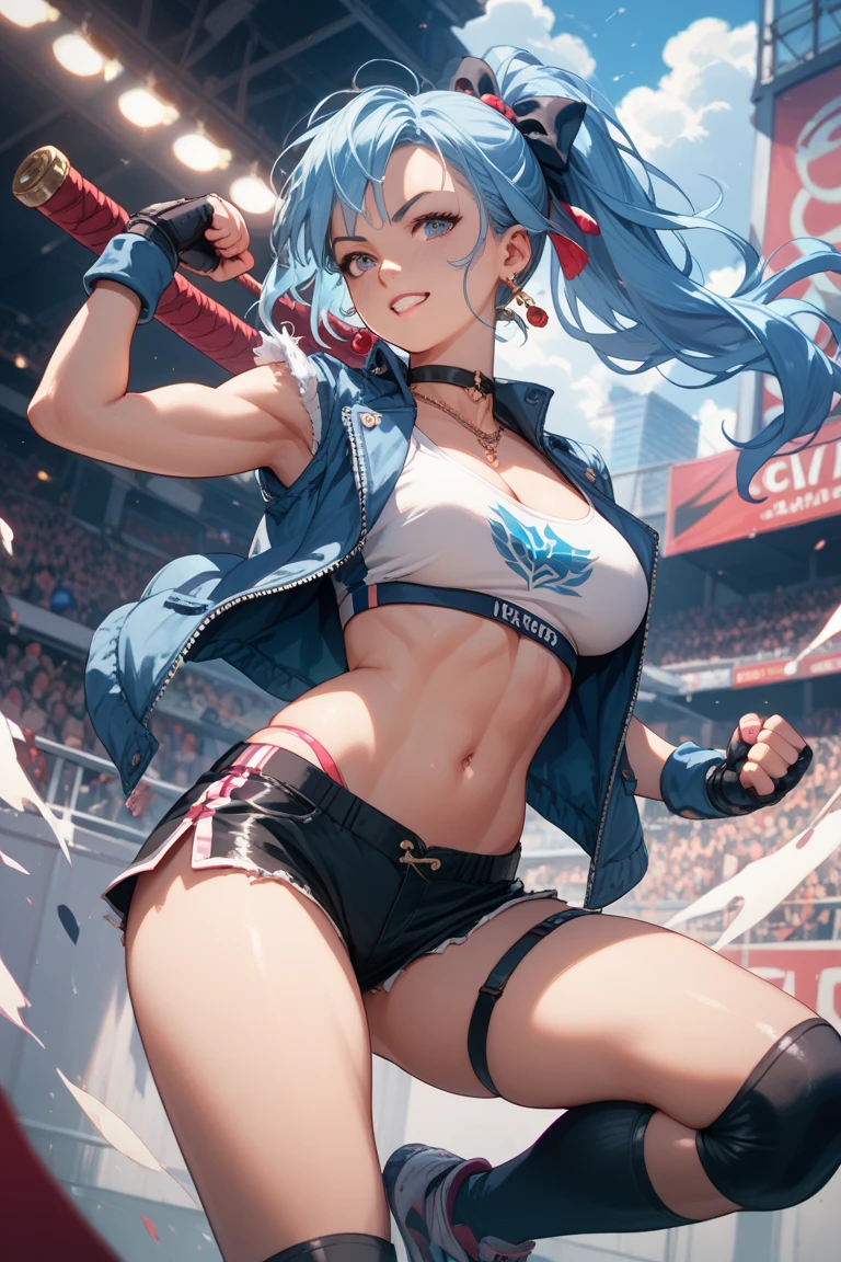 best quality,4k,8k,highres,masterpiece:1.2),ultra-detailed, extremely detailed eyes, extremely detailed body, (large masterpiece digital art), (detailed manga illustration), (detailed line art), ((perfect anatomy)), (intricate details:1.3), (ultra-detailed:1.3), (illustration:1.3), (sharp focus:1.3), (natural lighting:1.05), (vivid colors:1.3), (masterpiece), expressive eyes, perfect face, 1 girl, breasts, cleavage, gloves, large breasts, casual clothes, white shirt, tee shirt, denim jacket, jacket, {blue hair}, medium hair, wavy hair, (gray eyes), black denim shorts, shorts, dynamic pose, Huge ass, curvy, fur trim, hair bun, black ankle boots, cinematic lighting, heroic atmosphere,