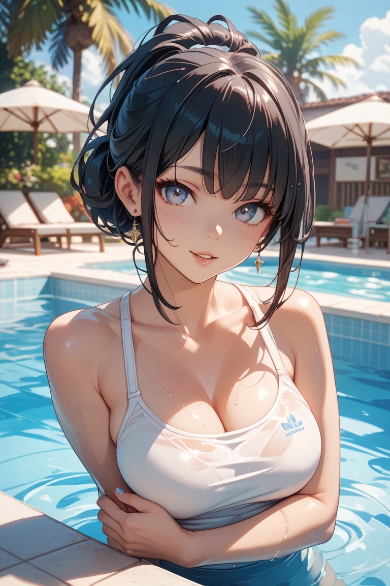 nsfw:1.2, nsfw, (highest quality:1.2, 4K, 8k, Very detailed, up to date, Vibrant, High detail, High Contrast, masterpiece:1.2, highest quality, Best aesthetics), woman, Obscene, Lust, Staring at the audience, Lustrous eyes, Open Mouth, Lustrous lips, The brilliance of beautiful eyes, Leaking sigh, Gazing Eyes, Glossy black hair, ponytail, Pastel Bikini, Firm chest line, smile, smile, Floating on a swim ring:1.2, night, Night Pool, Low lighting, Riding a float.