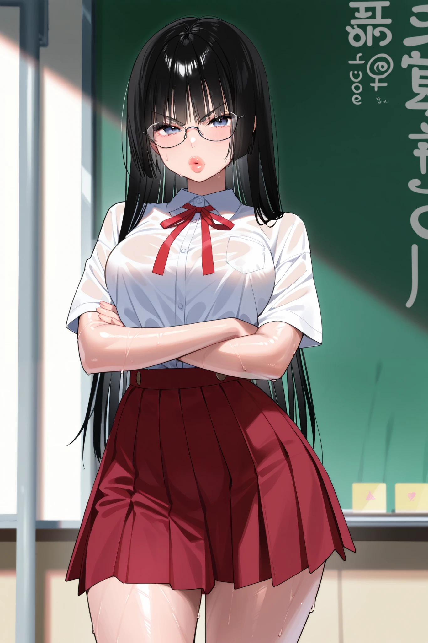 (((Top Quality、masterpiece、Anatomically Accurate Body、anatomically accurate fingers)))、((girl、Female College、18 years old、black hair、long hair、straight hair、princess cut))、((sling、glasses、thick lips、angry、cover、sweat))、((( popup、huge 、 long 、Soft 、 arm-crossed)))、(( Slim、 wide waist))、shiny hair、 shiny body、((uniform、school uniform、red ribbon、white blouse、red skirt))、schools、Classroom