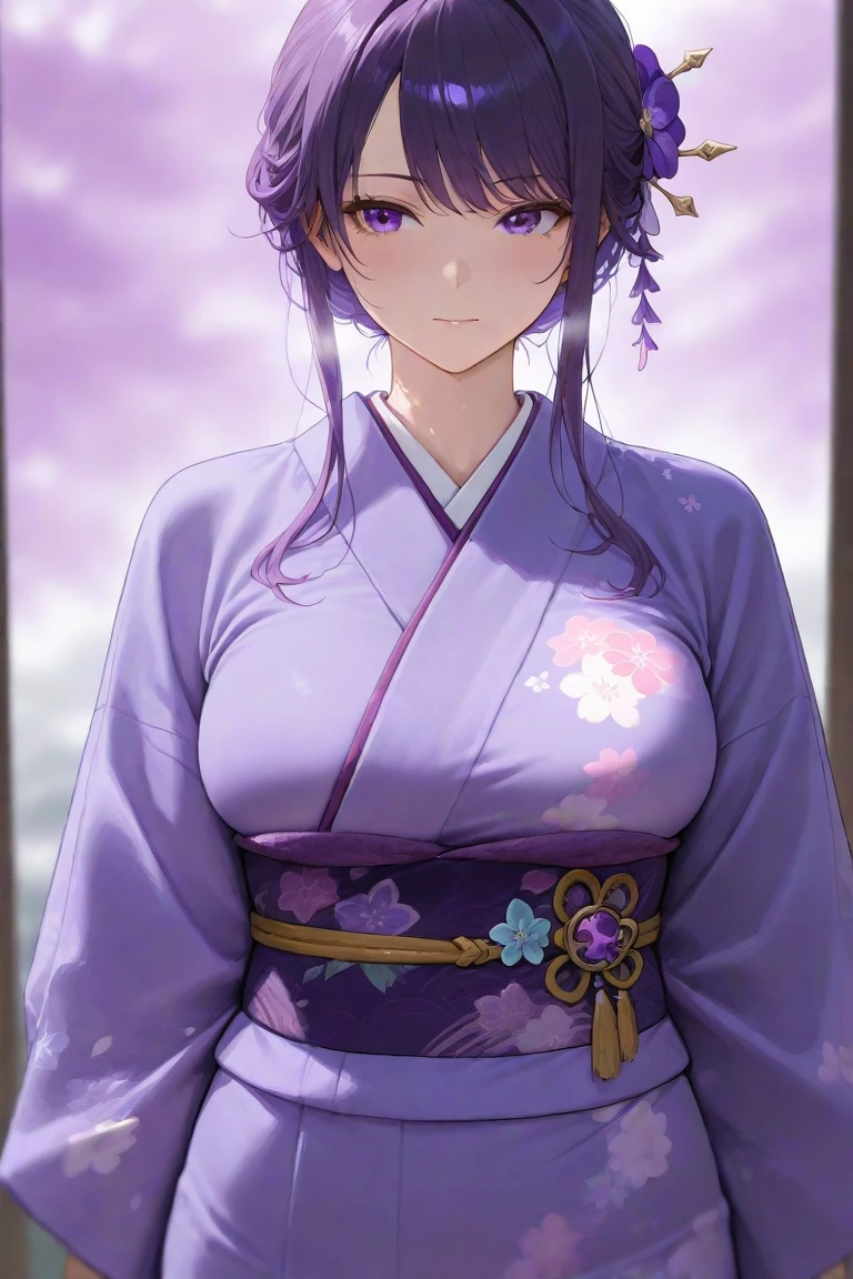 A girl with long straight purple hair and purple eyes with tan skin and full breasts standing straight facing the viewer in a kimono, perfect,