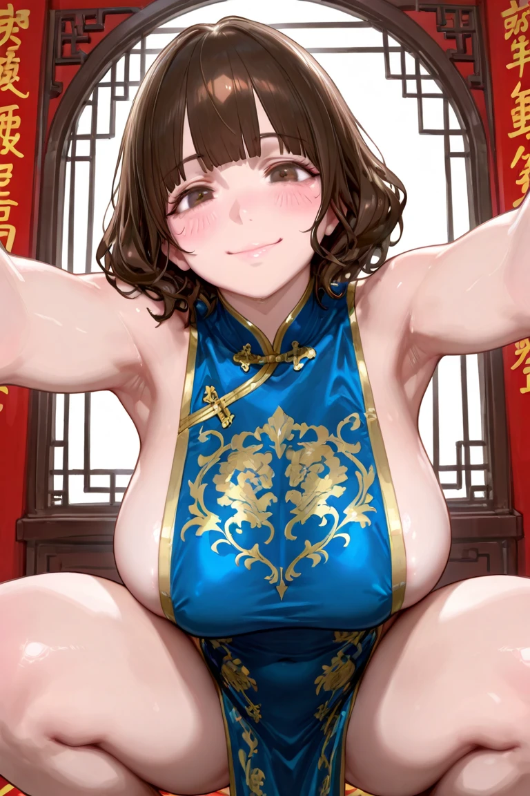 top-quality 8K 1 person 30 generations of beauty Fantastical Brown hair Medium bob Delighted (Bewitching laughter Shyness:1.5) Glamour (Tight, Peach-like breasts), Ass like a peach ((White garter belt stockings:1.0)) (Blue qipao dress embroidered with flowers Deep slit Sleeveless:1.0) cleavage of the breast (squat with legs open:1.5) Chinese-style rooms View from the front