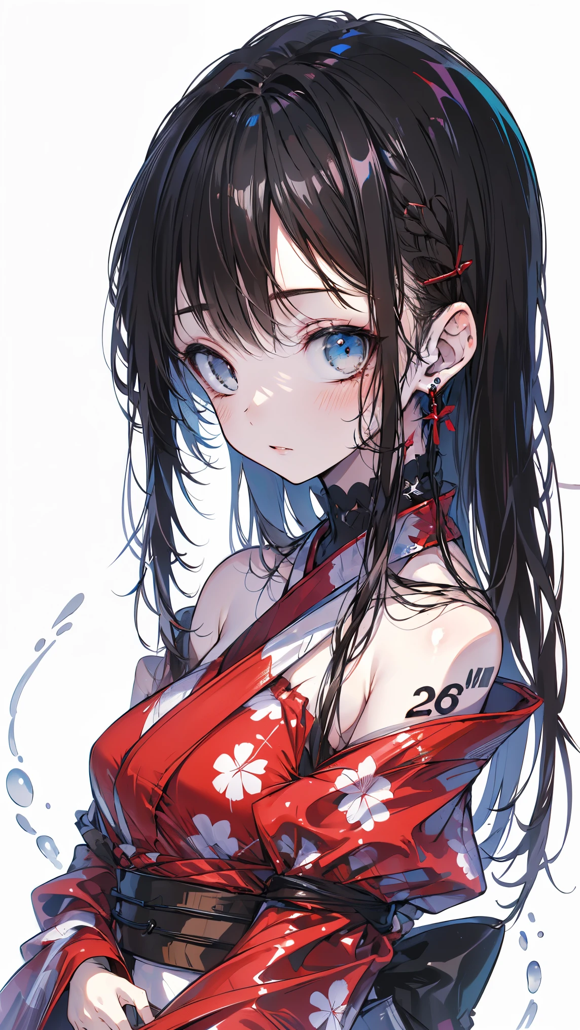 (High-definition masterpiece, super high resolution, High Details, high resolution model, best quality work:1.2)adult woman, highlight color hairstyle,INNER COLOR, Bobbed bangs(Exposed original kimono costume,NSFW,nube) oblique bang right next door,  cookhold subjective (masterpiece:1.5)very long hair with water on it, adult woman with long straight hair and dark red shiny hair,bare shoulders,upper body, Tattoo,  eyelashes, eyeshadow
