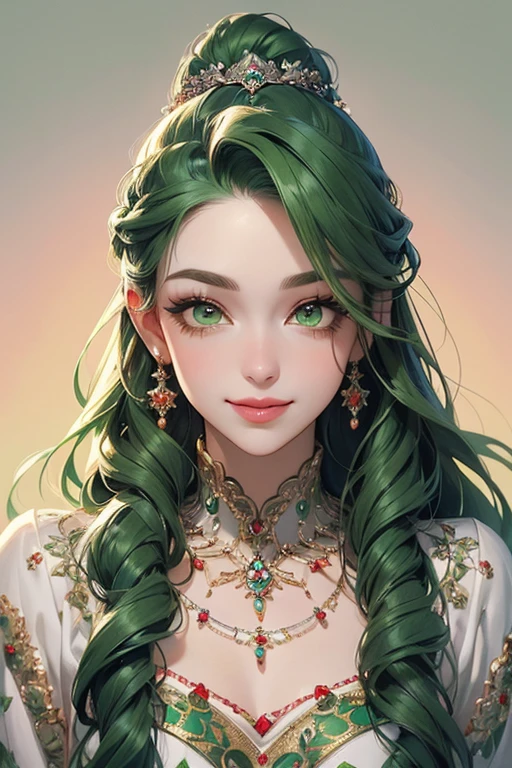 beautiful臉, best quality, Ultra-high resolution light, radiant skin, delicate skin, Detailed face, exquisite eyes, beautiful, Green hair, Straight Hair, flowing hair, Green eyes