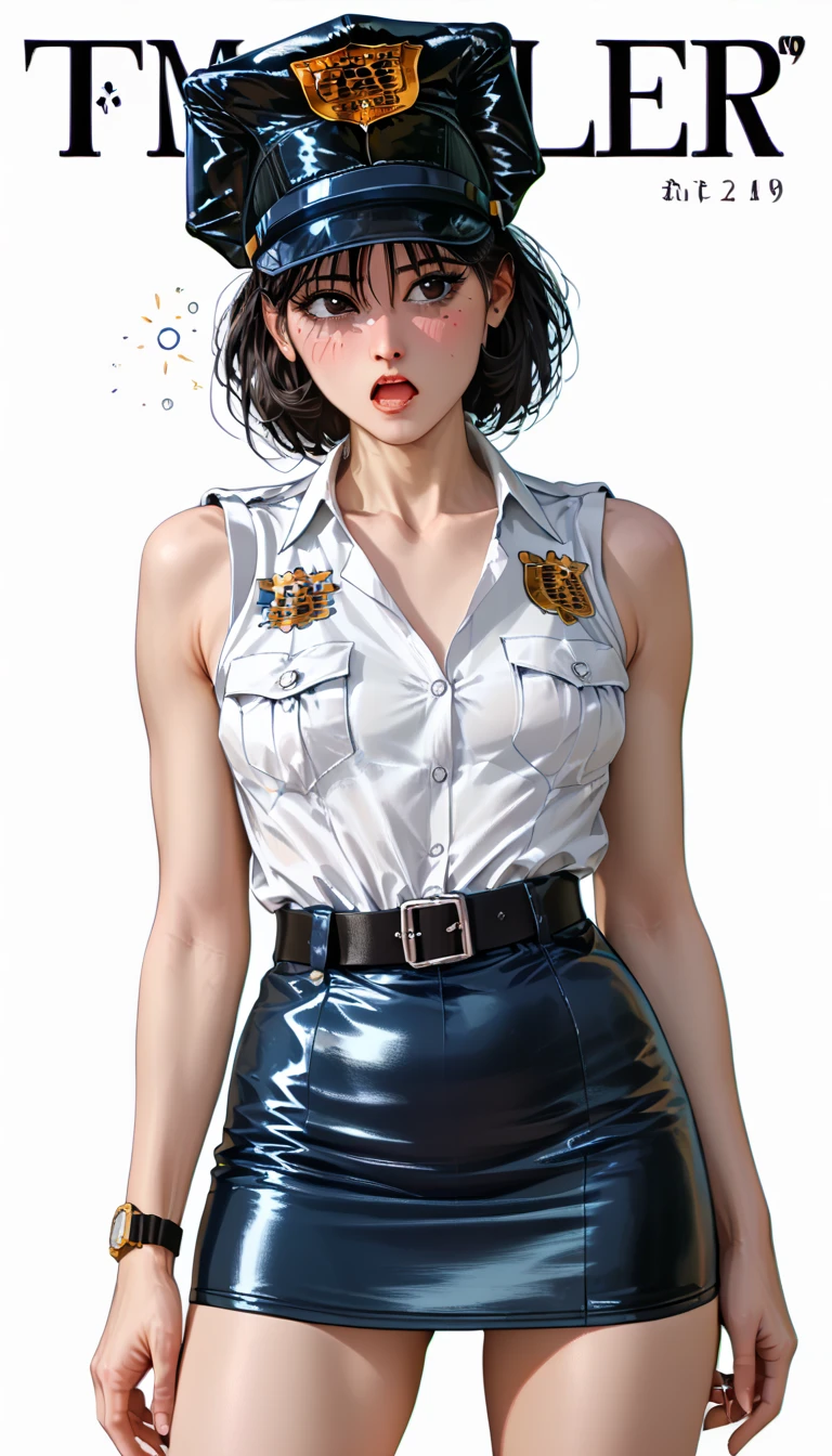 Girl, White skin, black hair, short hair, Deep blue eyes, Beautiful blue eyes, Dirty torn white shirt, Dirty black shorts, Big breasts, Beautiful face, Perfect face, Great quality, masterpiece, Beautiful, apocalyptic city in an empty and arid desert background.